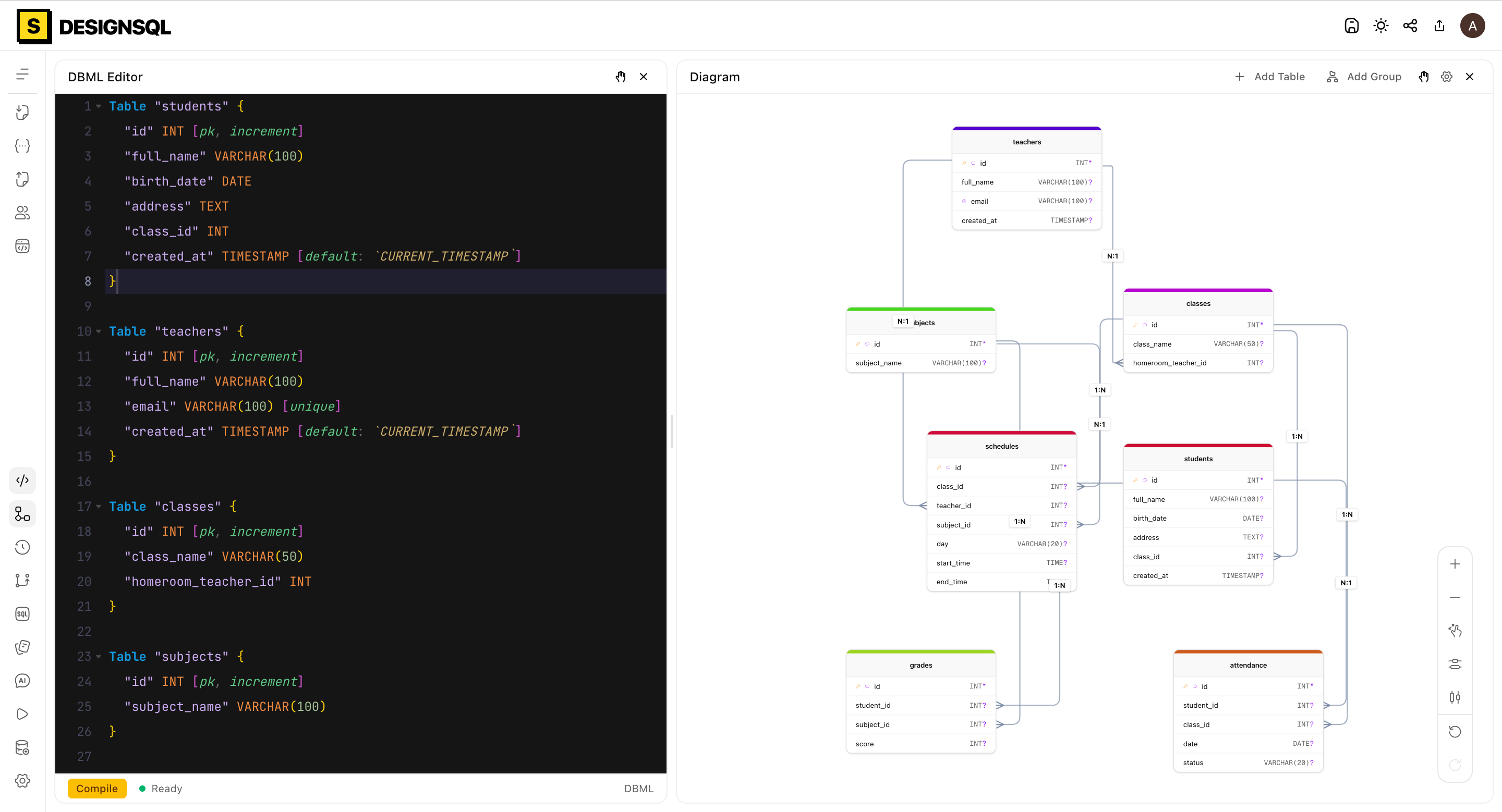 DBML Editor + Real-Time Diagram — DesignSQL database schema design feature