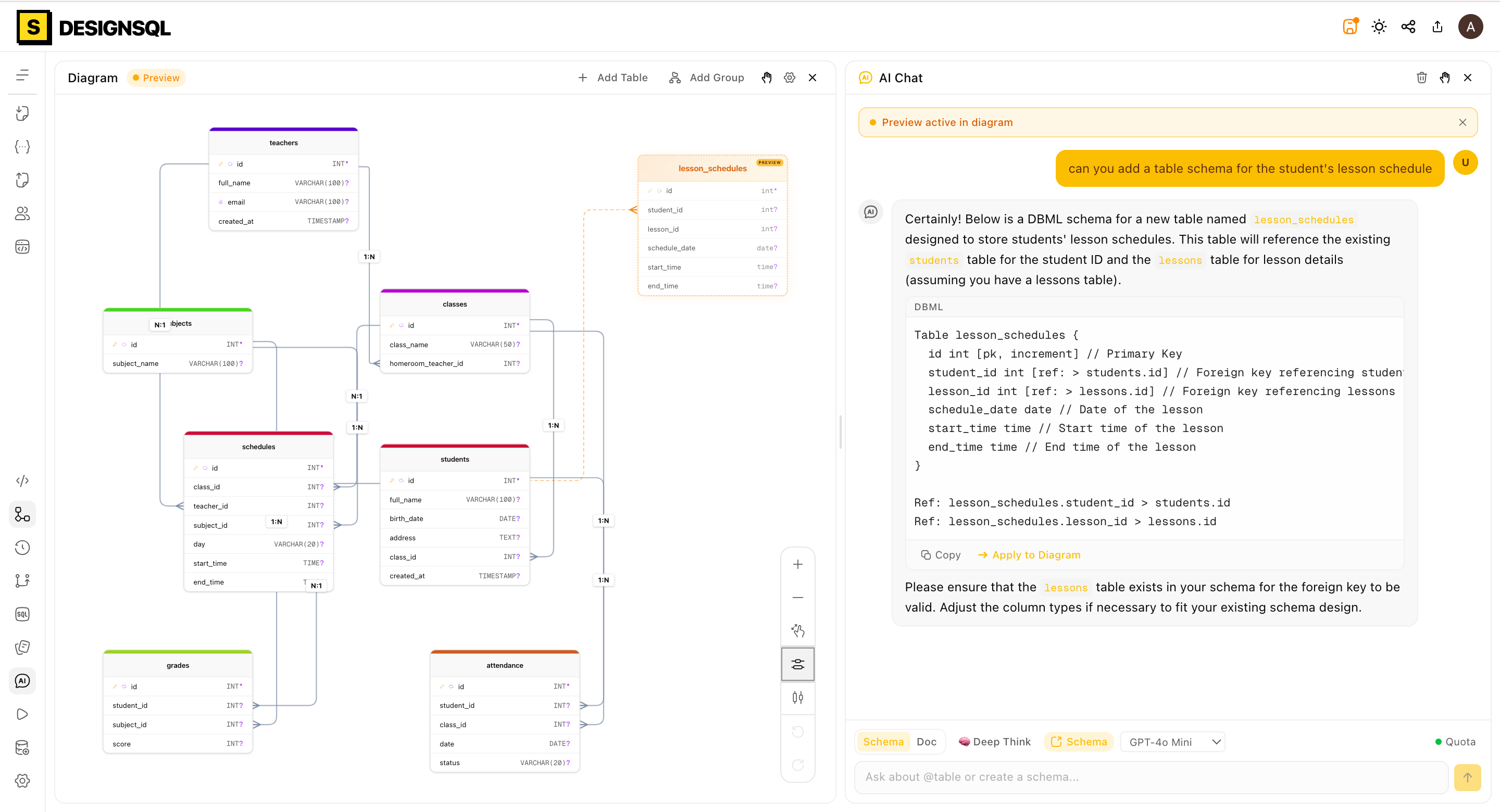 AI Schema Assistant — DesignSQL database schema design feature